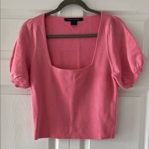 French Connection Pink Ribbed Square-Neck Puff-Sleeve Crop Top
